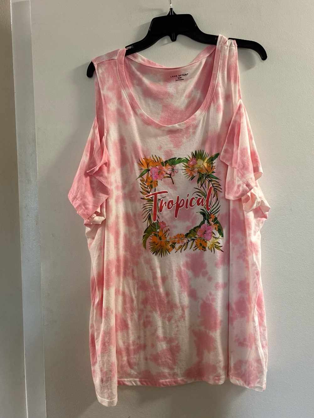 Lane Bryant Pink Tie-Dye Tropical Cold-Shoulder Tank